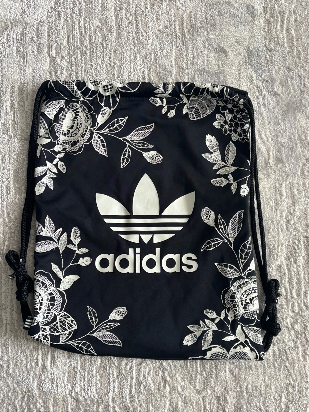 Adidas Black and White Floral Trefoil Drawstring Backpack Gym Bag